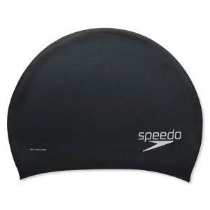 Black swim cap with Speedo logo on a white background