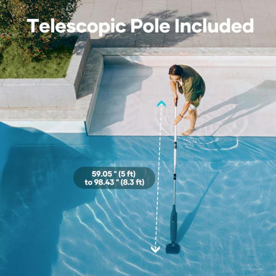 Person using a pool cleaning tool with a telescopic pole, pool and garden area in the background highlighting the pool vacuum pole length