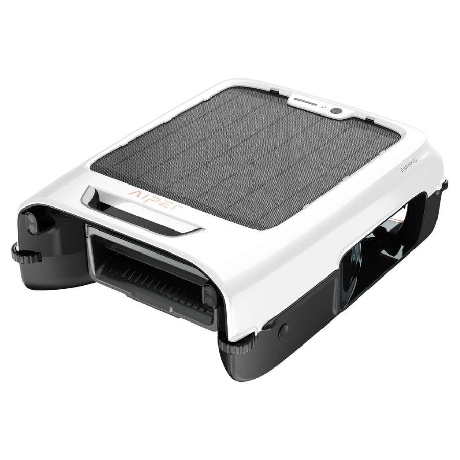 White and black portable aiper robot pool vacuum with solar panel on a white background