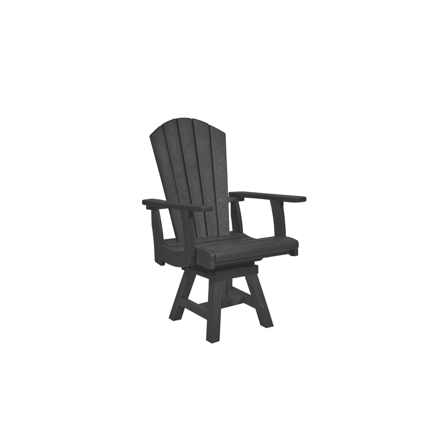 A dark gray outdoor swivel Adirondack chair with a slatted backrest and armrests, shown on a plain white background.