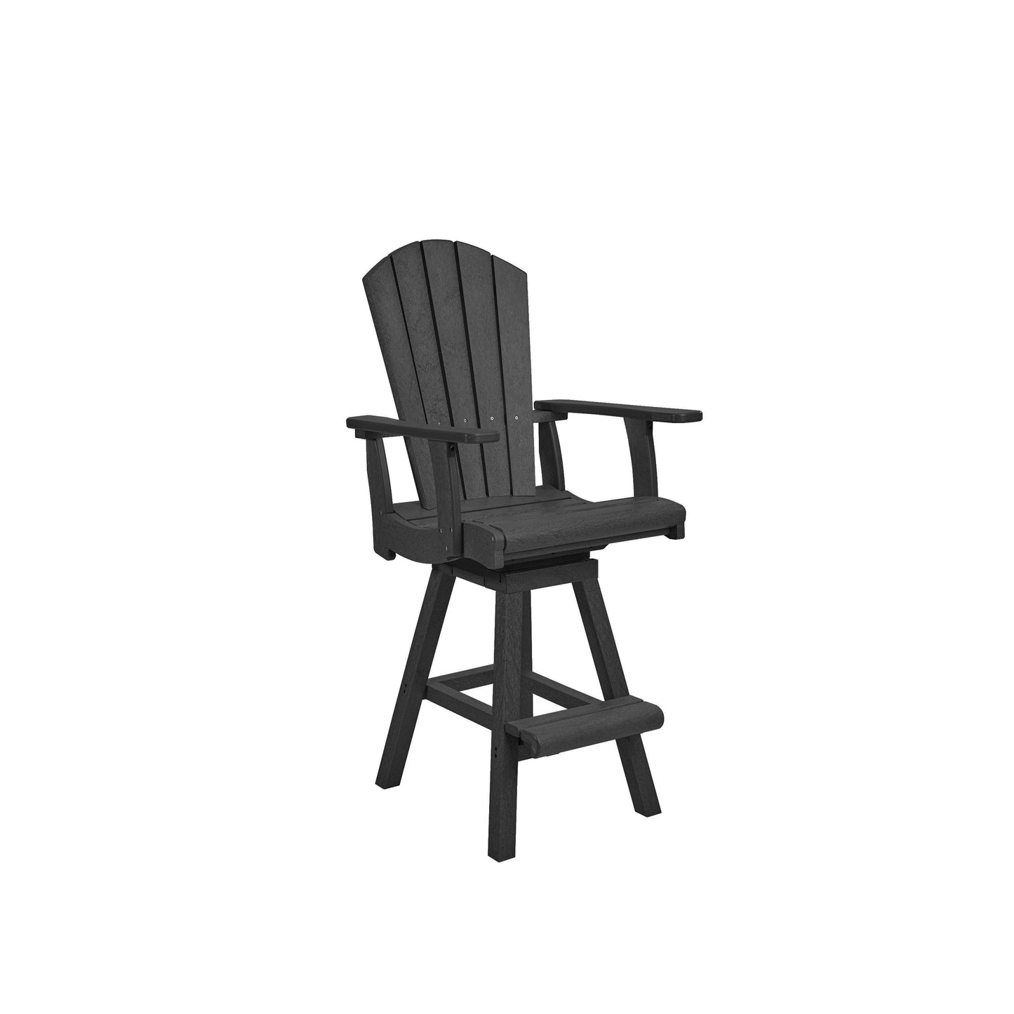 A dark gray outdoor swivel bar height chair with armrests and a slatted back, shown on a plain white background.