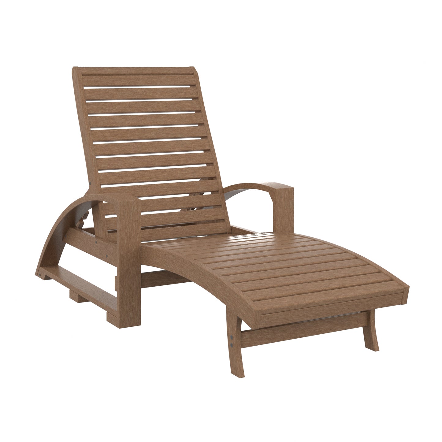A brown slatted outdoor chaise lounge chair with curved armrests, shown on a plain white background.