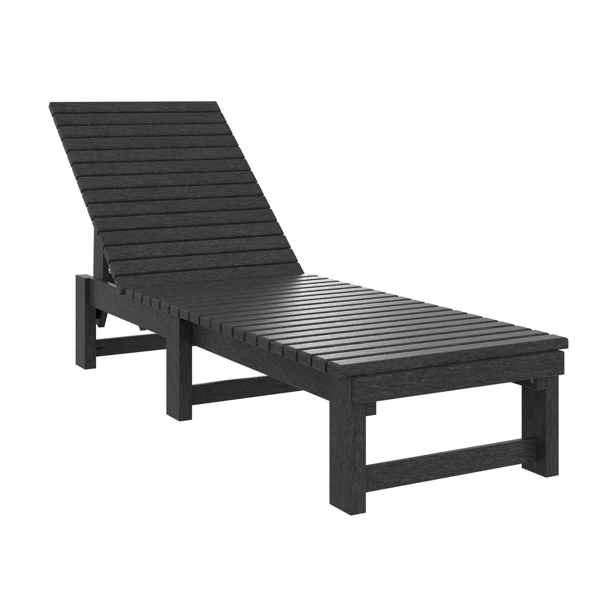 A dark gray slatted outdoor chaise lounge chair with a reclined backrest, shown at an angle on a solid white background.