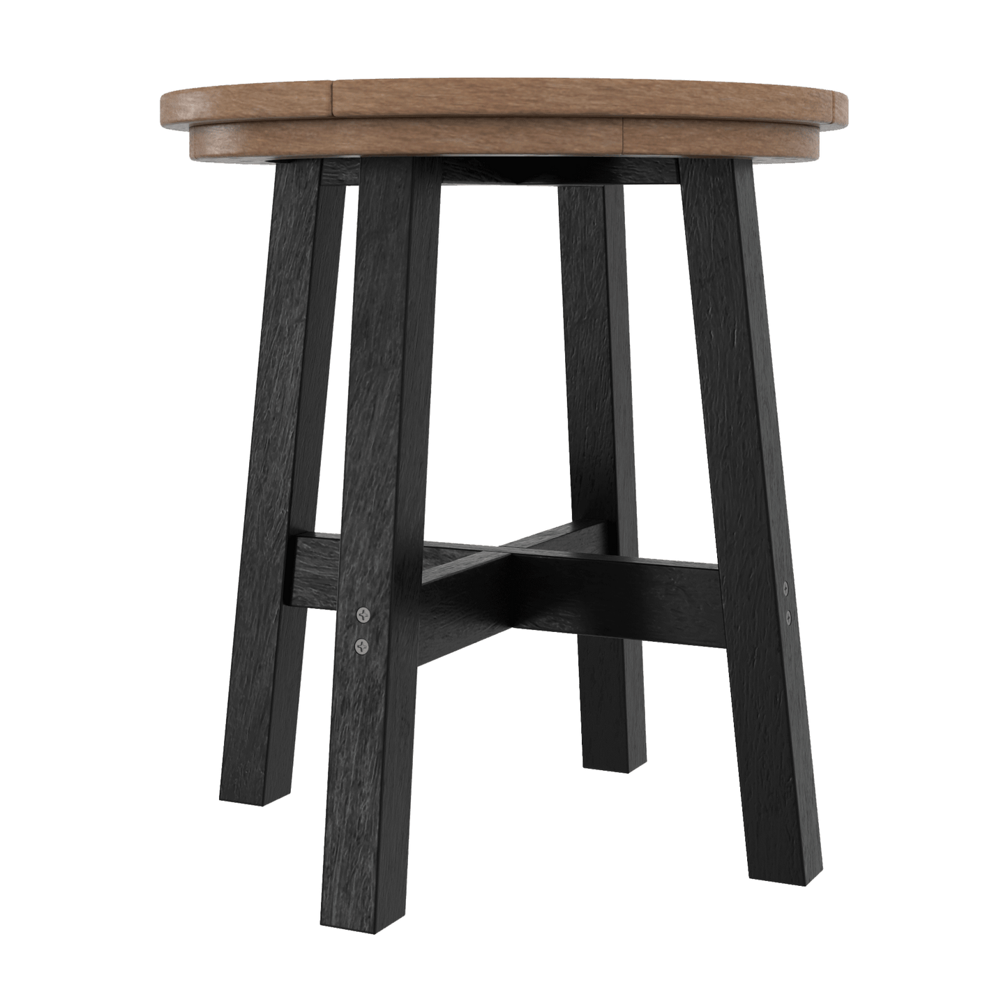 A round table with a dark brown wood-grain top and a black metal frame with four legs and a central support bar, shown on a plain white background.