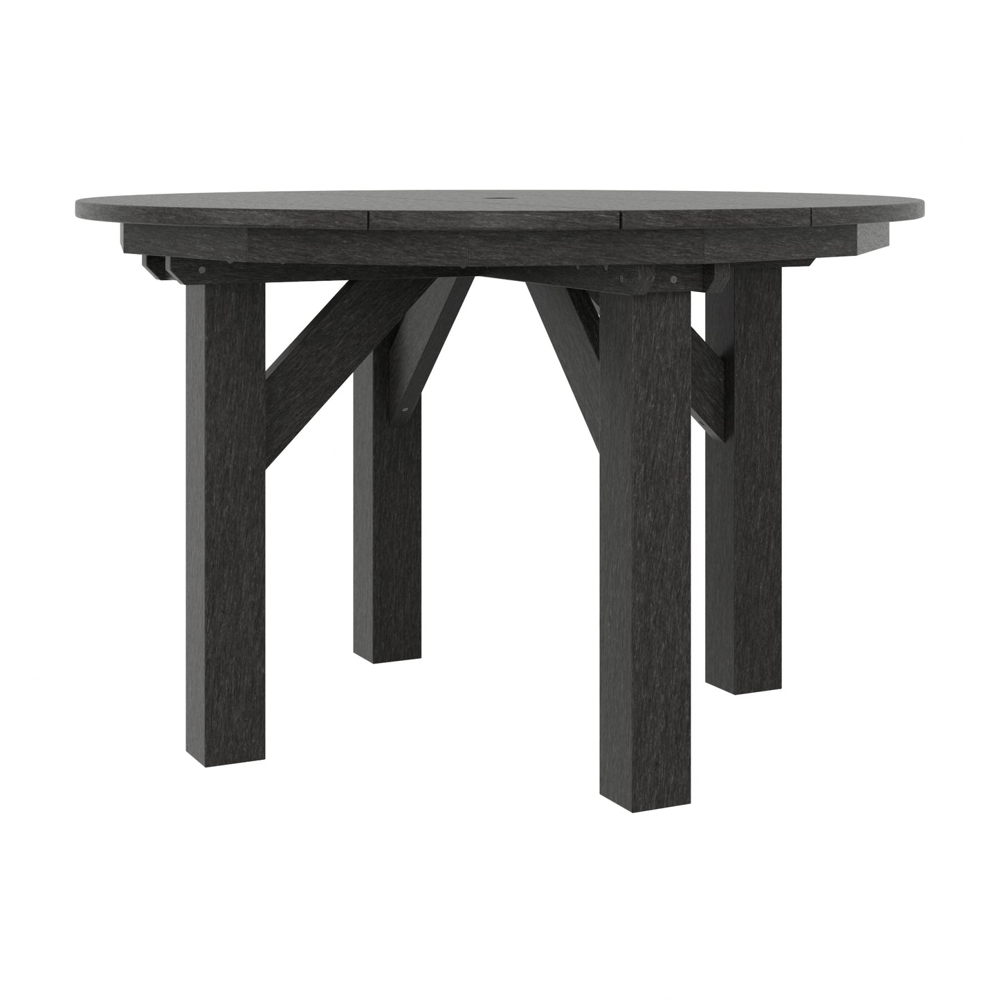 A round outdoor dining table with a dark charcoal gray finish, featuring a thick round tabletop and four sturdy legs with diagonal support beams.