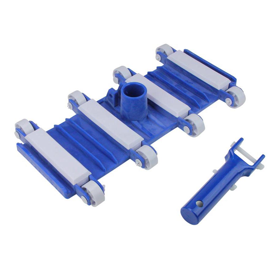 Blue and white pool cleaning tool on a white background