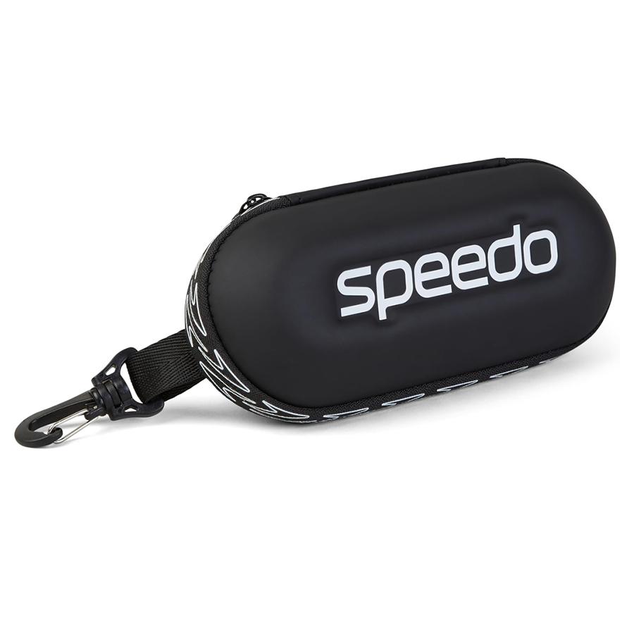 Black Speedo goggles case with a keychain on a white background