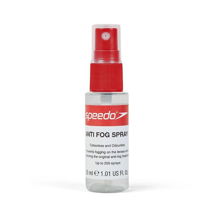 Speedo anti-fog spray bottle with red nozzle on a white background