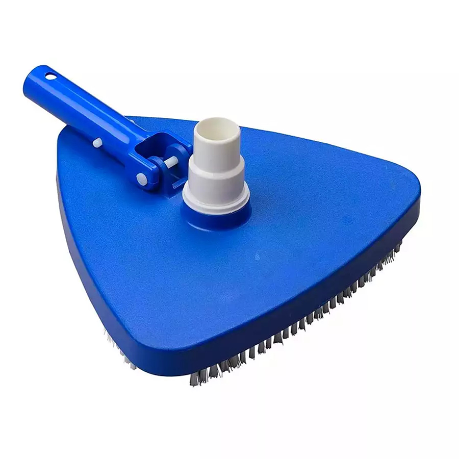 Blue pool cleaning brush with bristle head on a white background