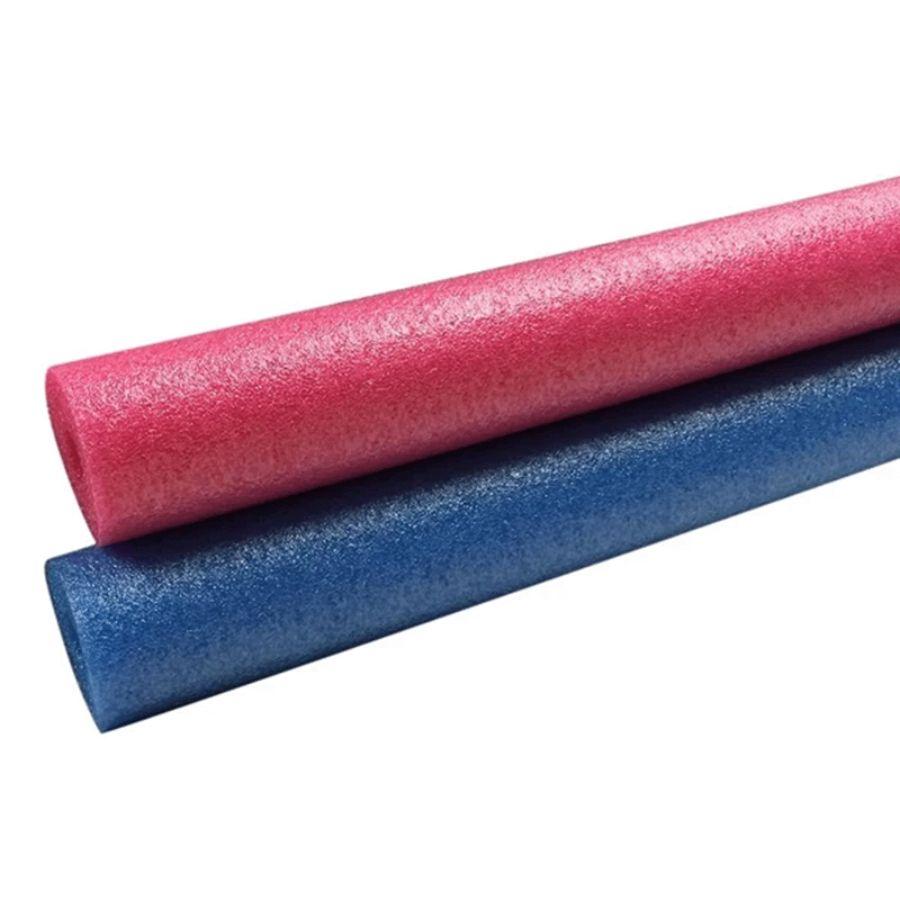 Two pool noodles, one pink and one blue, on a white background