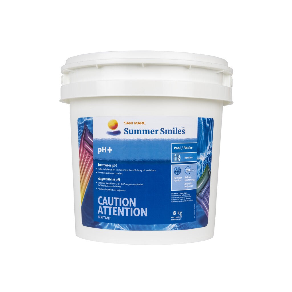 White bucket labeled 'Summer Smiles pH+' with blue label on a white background