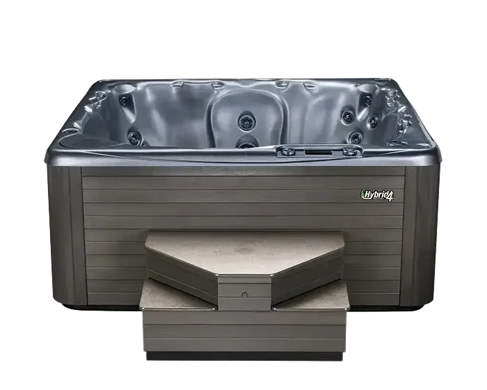 Hot tub with steps, featuring the 'Hybrid' brand.