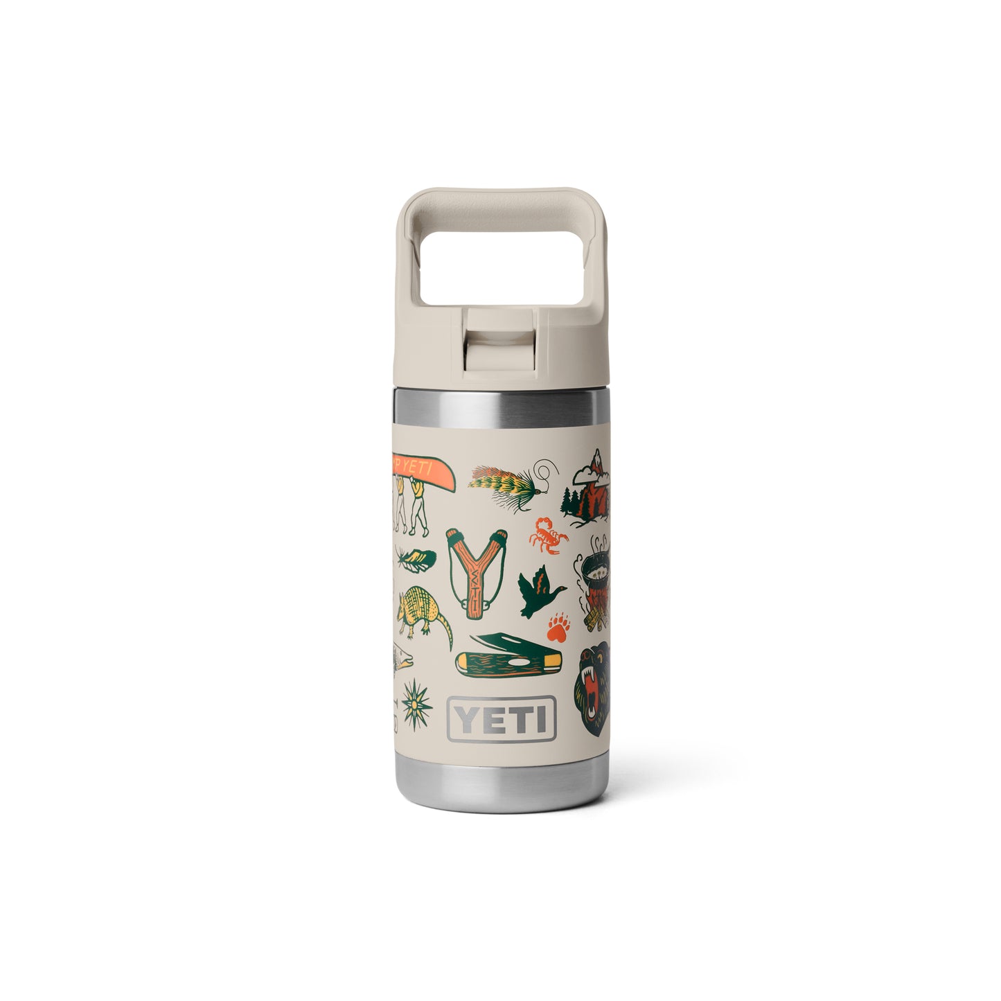YETI children's bottle with nature-themed design on a white background