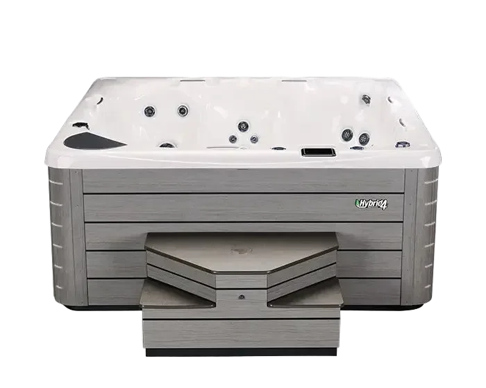 Hot tub with a gray exterior and white interior