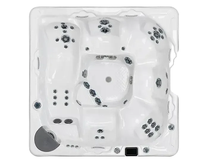 Top view of a hot tub with multiple jets