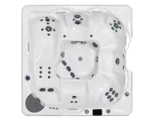 Top view of a hot tub with multiple jets