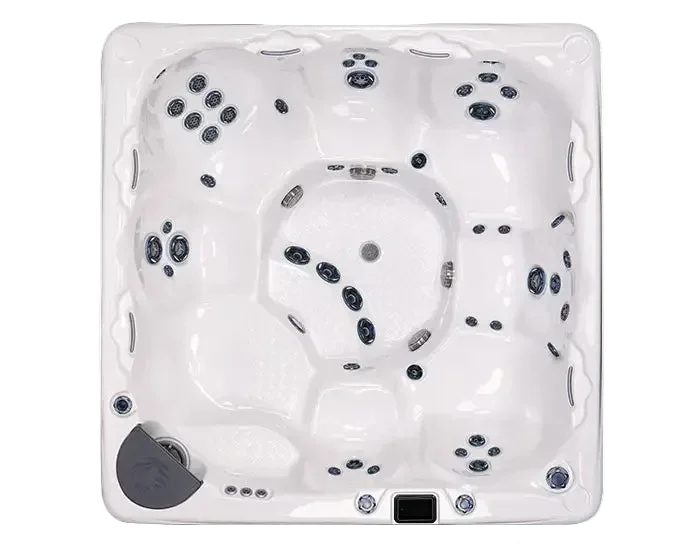 Top view of a hot tub with visible jets and seating arrangement