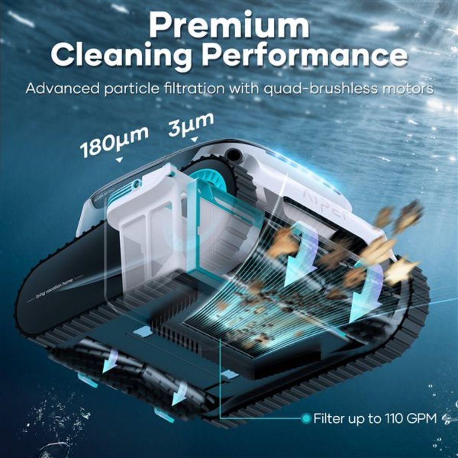 Robotic vacuum cleaner with filtration system on a blue water background