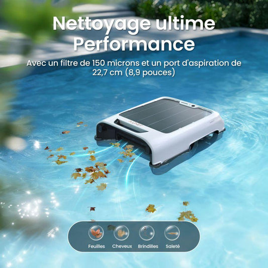 Pool Aiper cleaning robot in action with text about performance and specifications.