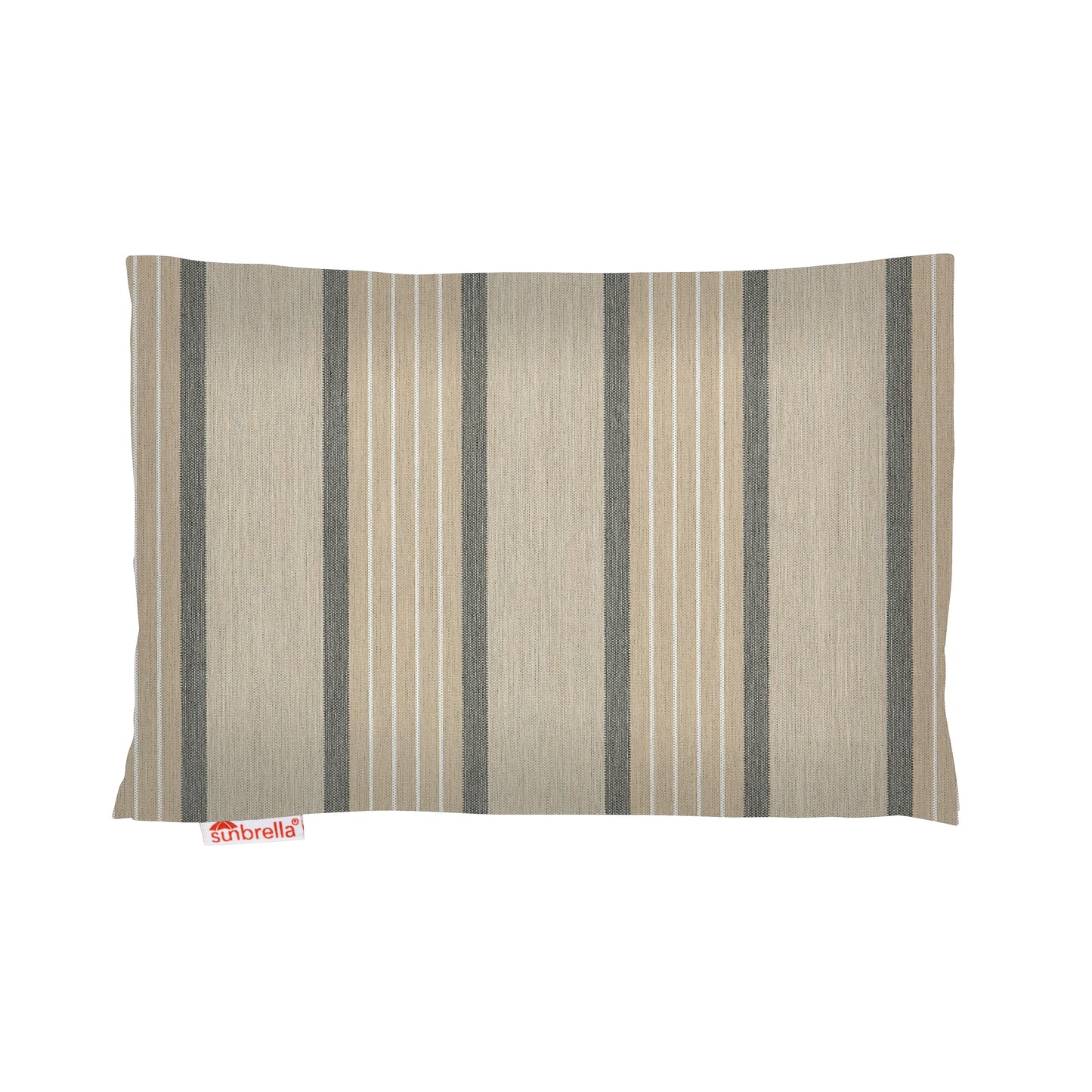 A rectangular headrest pillow with a vertical stripe pattern in beige, brown, and gray, featuring a small red and white 'sunbrella' brand tag at the bottom left corner, set against a plain white background.