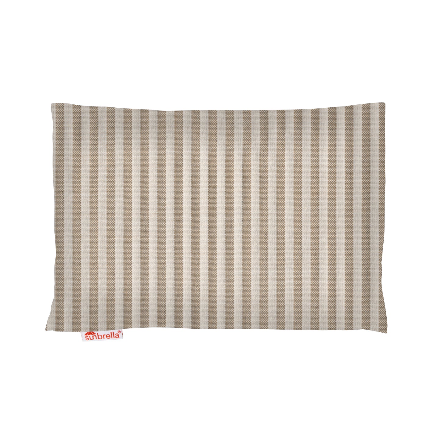 A rectangular headrest pillow with vertical beige and brown stripes, featuring a small red and white 'sunbrella' brand tag on the lower left, set against a plain white background.