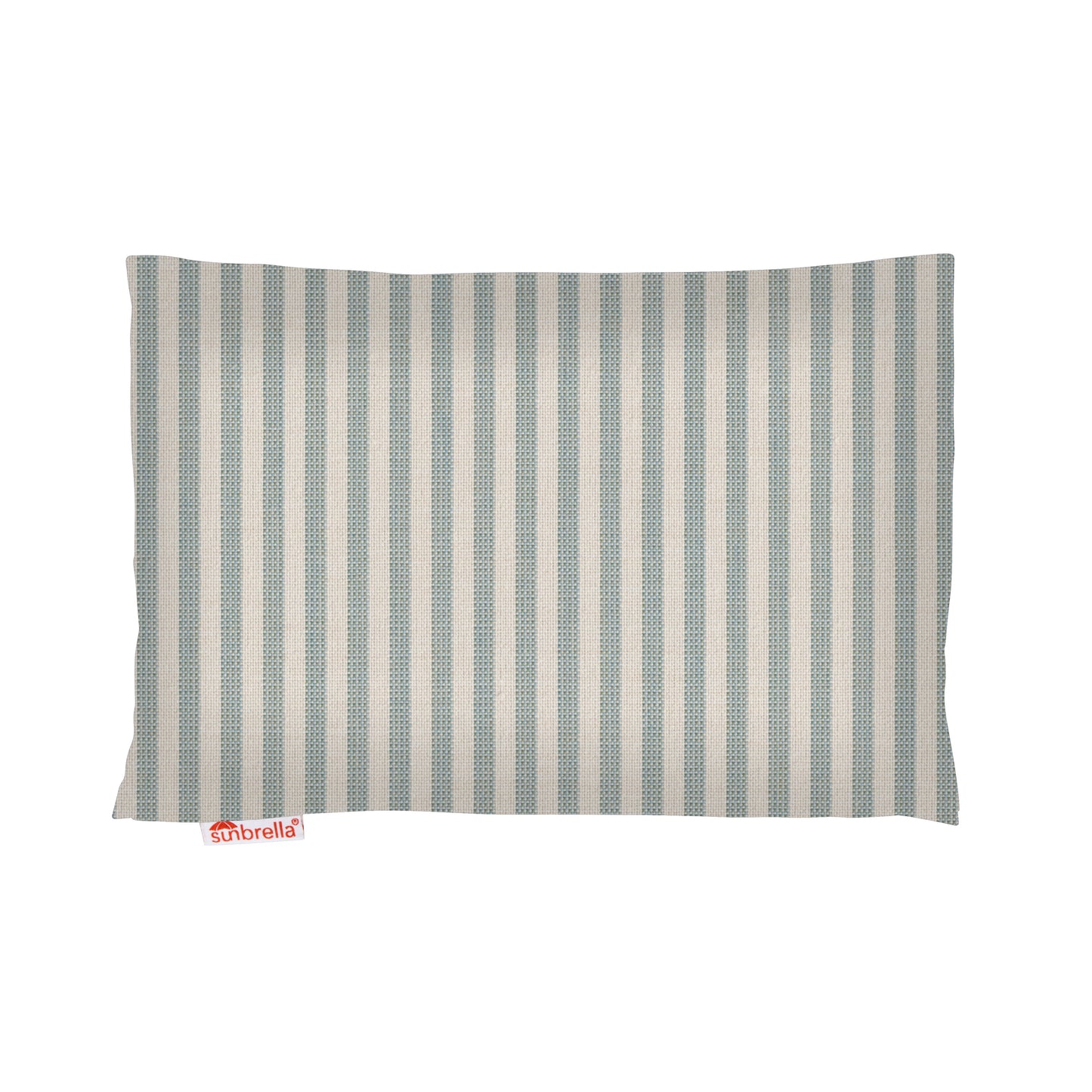 A rectangular headrest cushion with vertical stripes in muted blue-gray and beige, featuring a small red and white 'sunbrella' brand tag on the lower left, set against a plain white background.