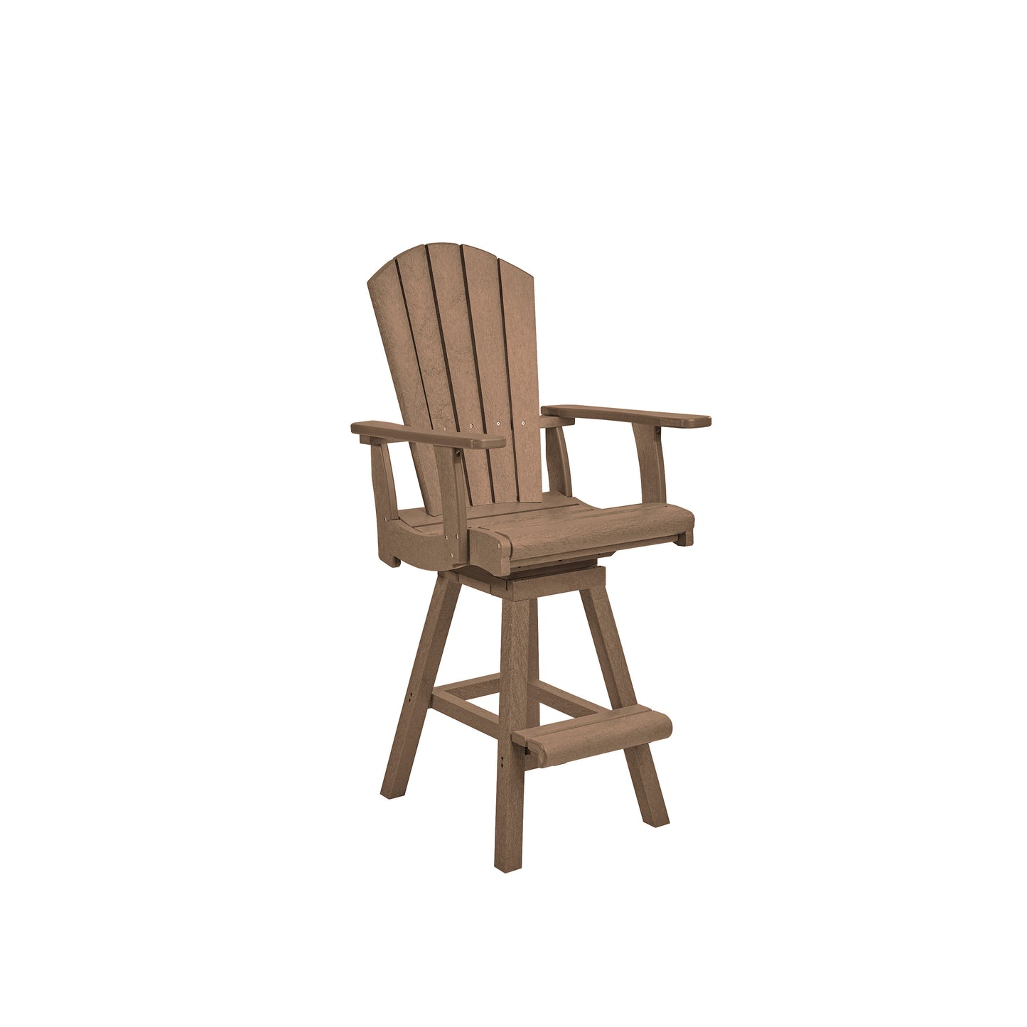 A brown outdoor swivel barstool with an Adirondack-style backrest, armrests, and a four-legged base, shown on a plain white background.
