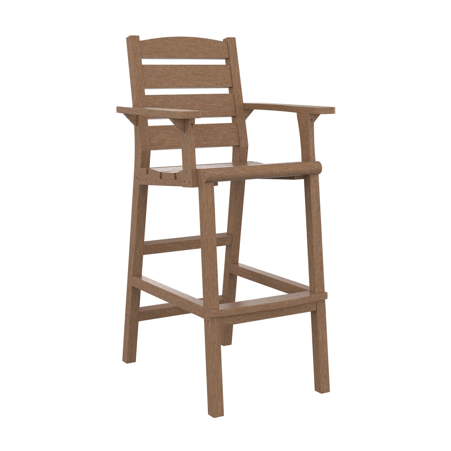 A Recycled plastic pub chair with a slatted backrest, armrests, and a footrest, shown on a plain white background.