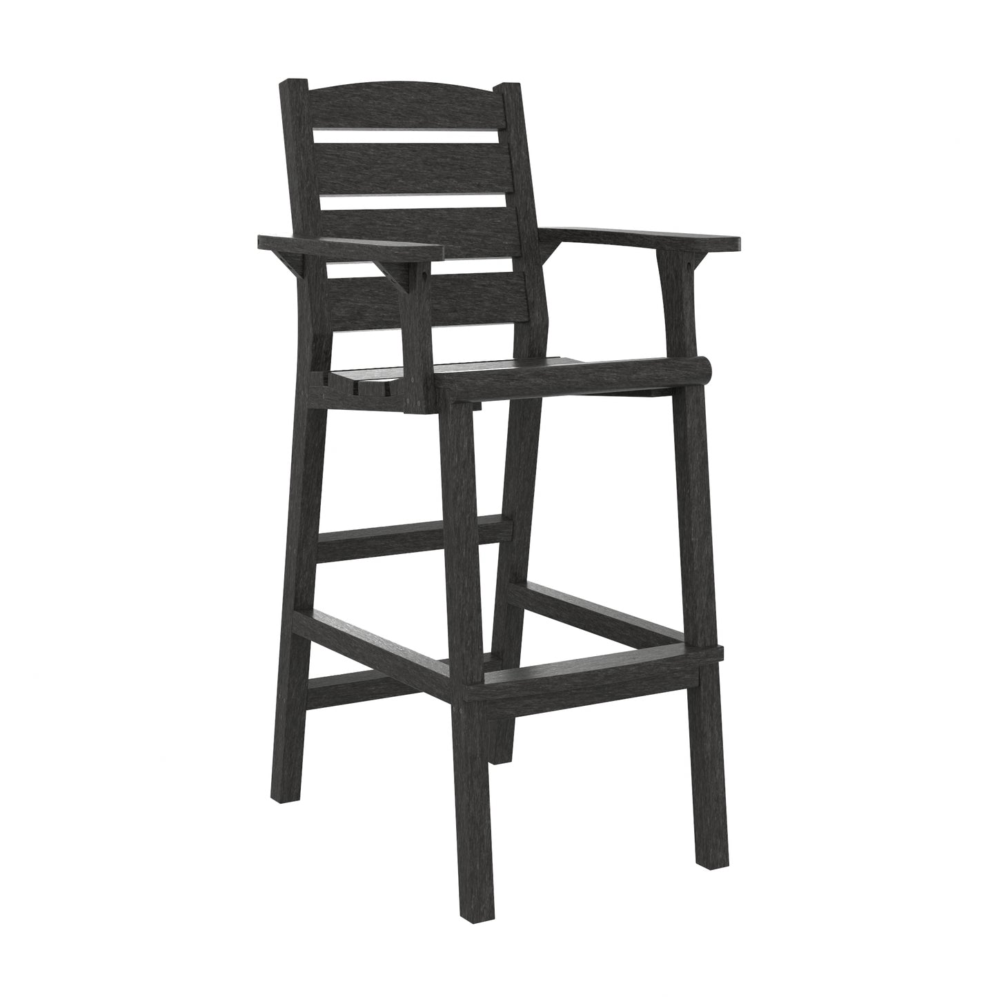 A dark gray outdoor barstool with armrests, a slatted backrest, and a footrest, shown on a plain white background.