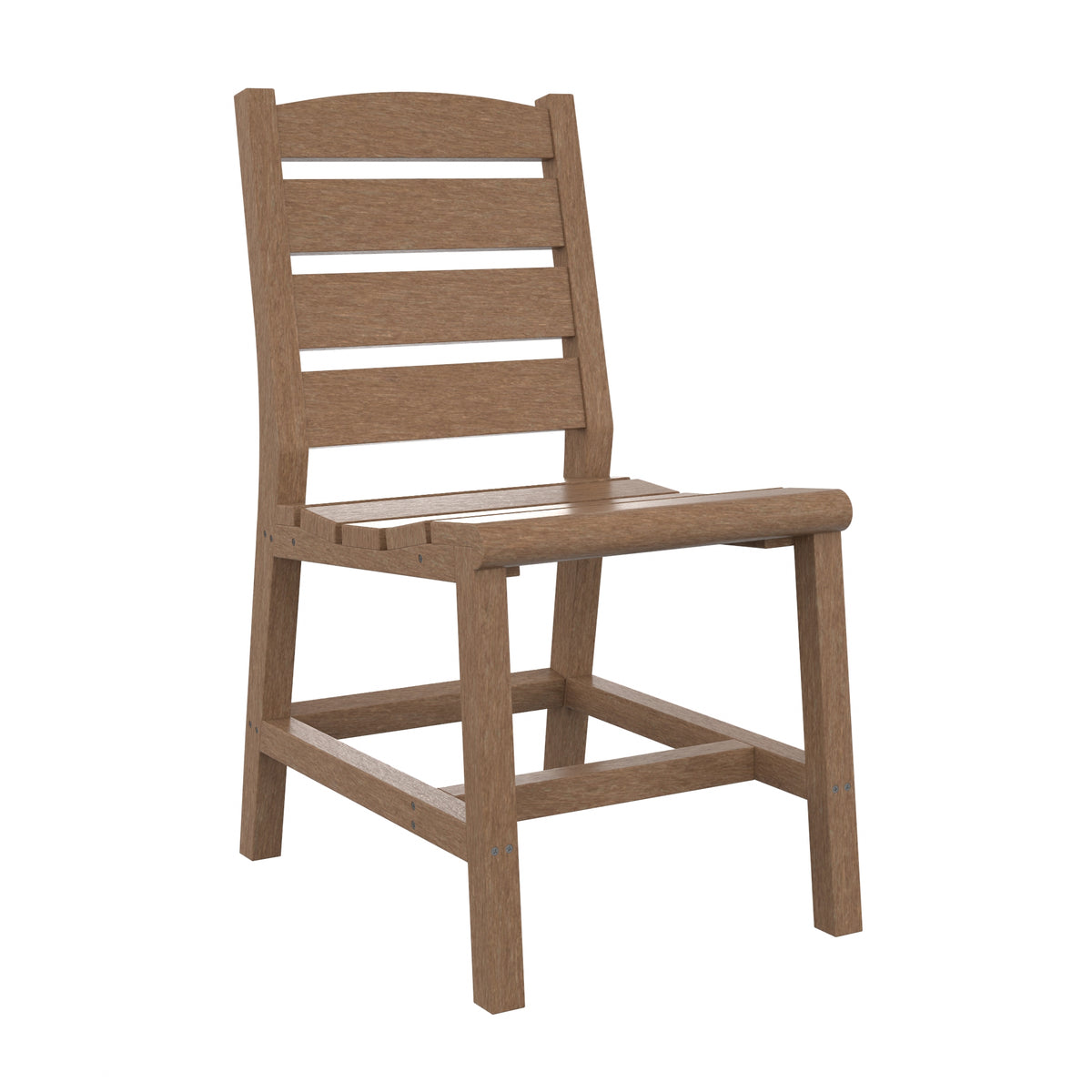 A single wooden dining chair with a slatted backrest and seat, shown at a three-quarter angle on a plain white background.