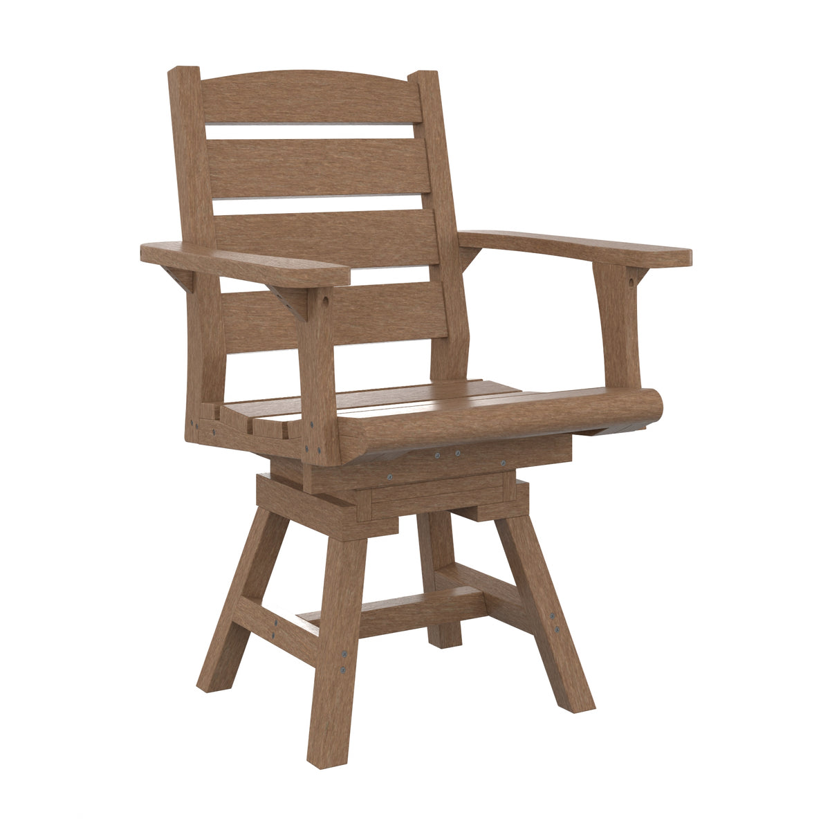 A brown wooden swivel armchair with a slatted backrest and armrests, shown on a plain white background.