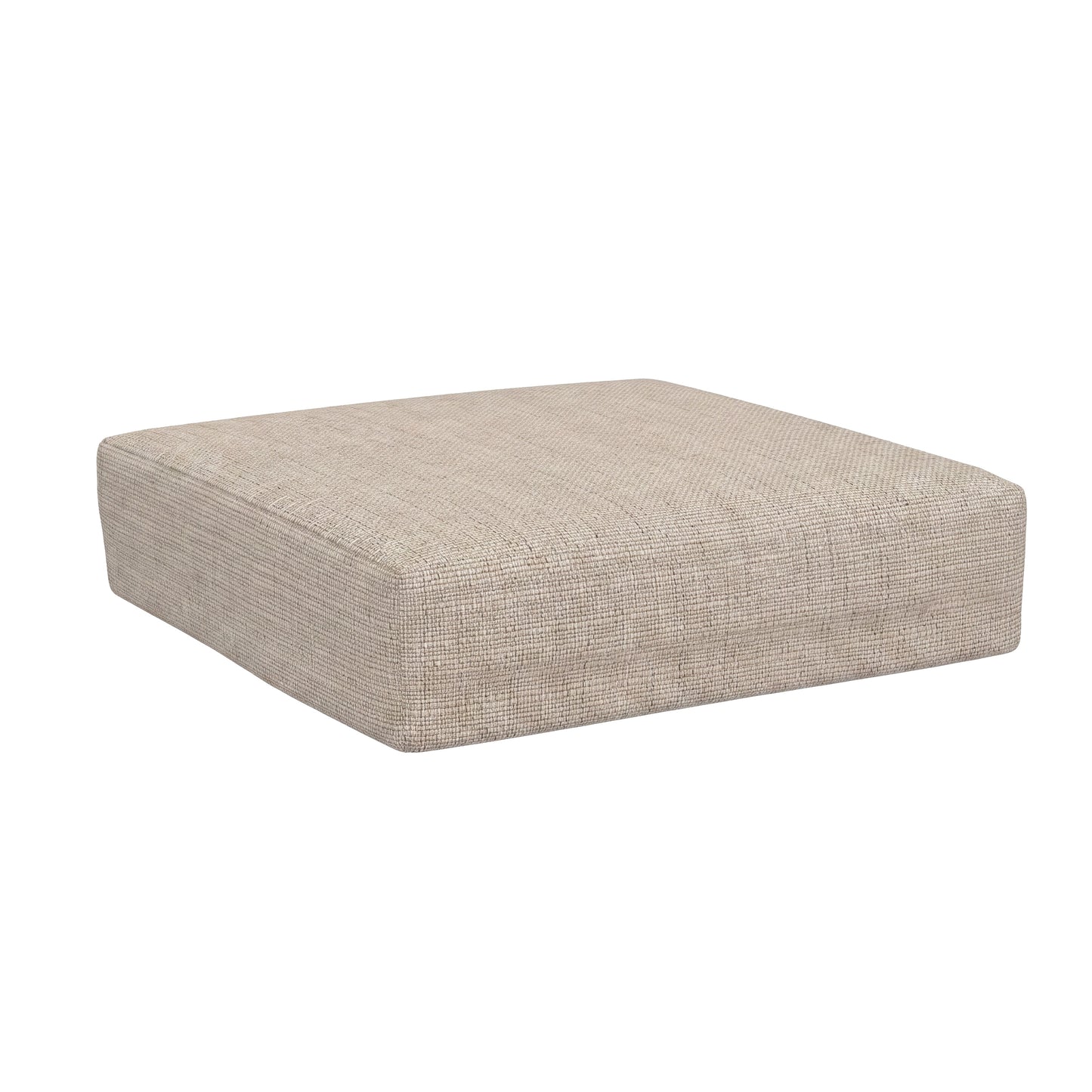 A square ottoman cushion with a textured beige woven fabric, shown at a three-quarter angle on a solid white background.