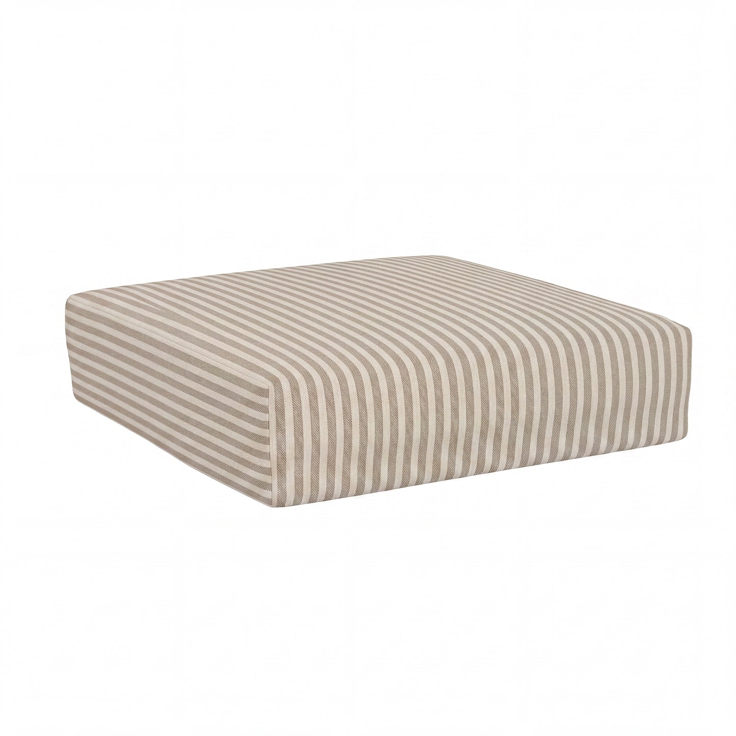 A rectangular outdoor ottoman cushion with a beige and white striped pattern, shown at a three-quarter angle on a solid white background.