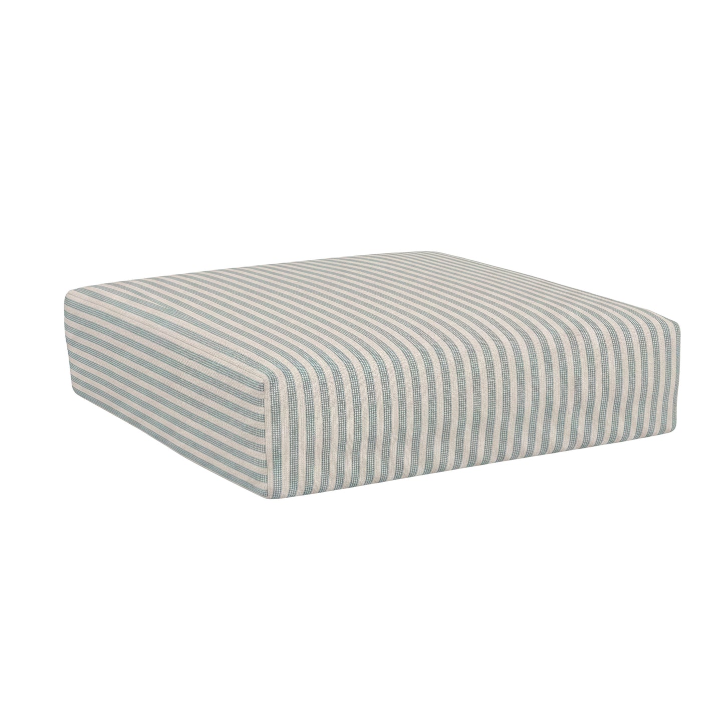 A square outdoor ottoman cushion with a striped pattern in sage green and off-white, shown on a solid white background.