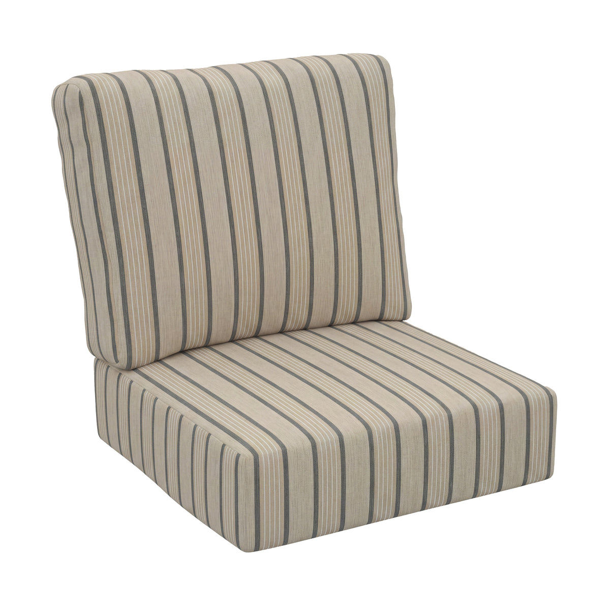 Striped outdoor chair cushion set with a high back and seat cushion in beige fabric with vertical gray and brown stripes, isolated on a white background.