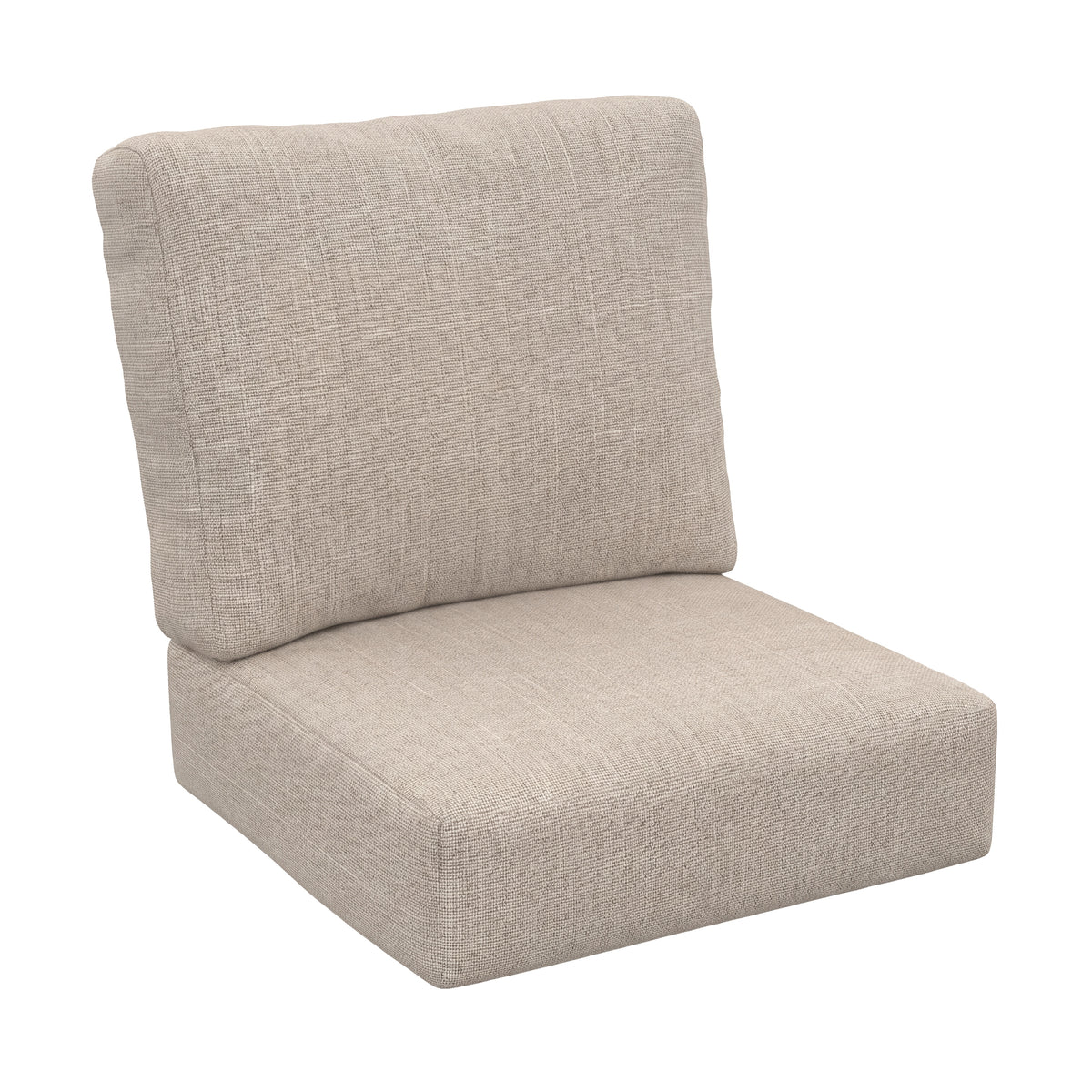 A light beige textured fabric outdoor chair cushion set with a square seat cushion and a matching high back cushion, shown on a solid white background.