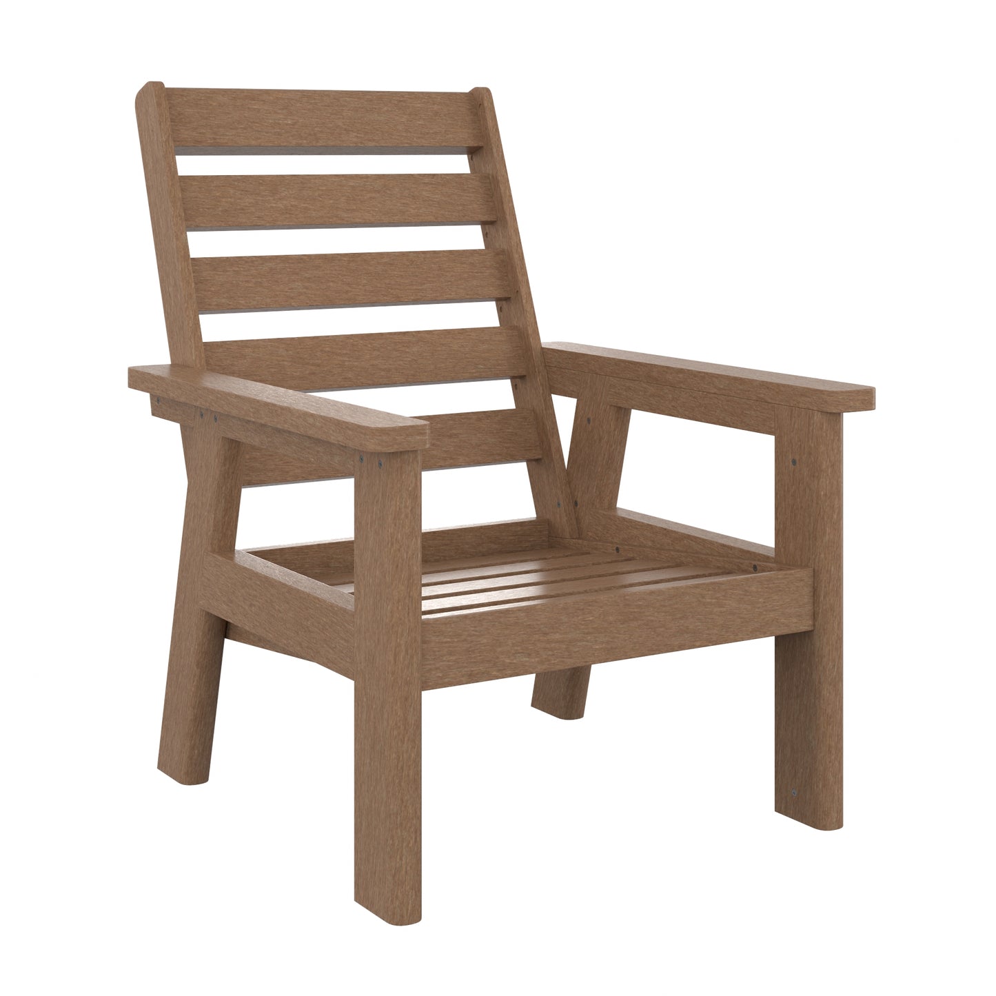 A classic outdoor armchair with a warm brown wood-look finish, featuring a slatted backrest, wide armrests, and a slatted seat, shown on a solid white background.