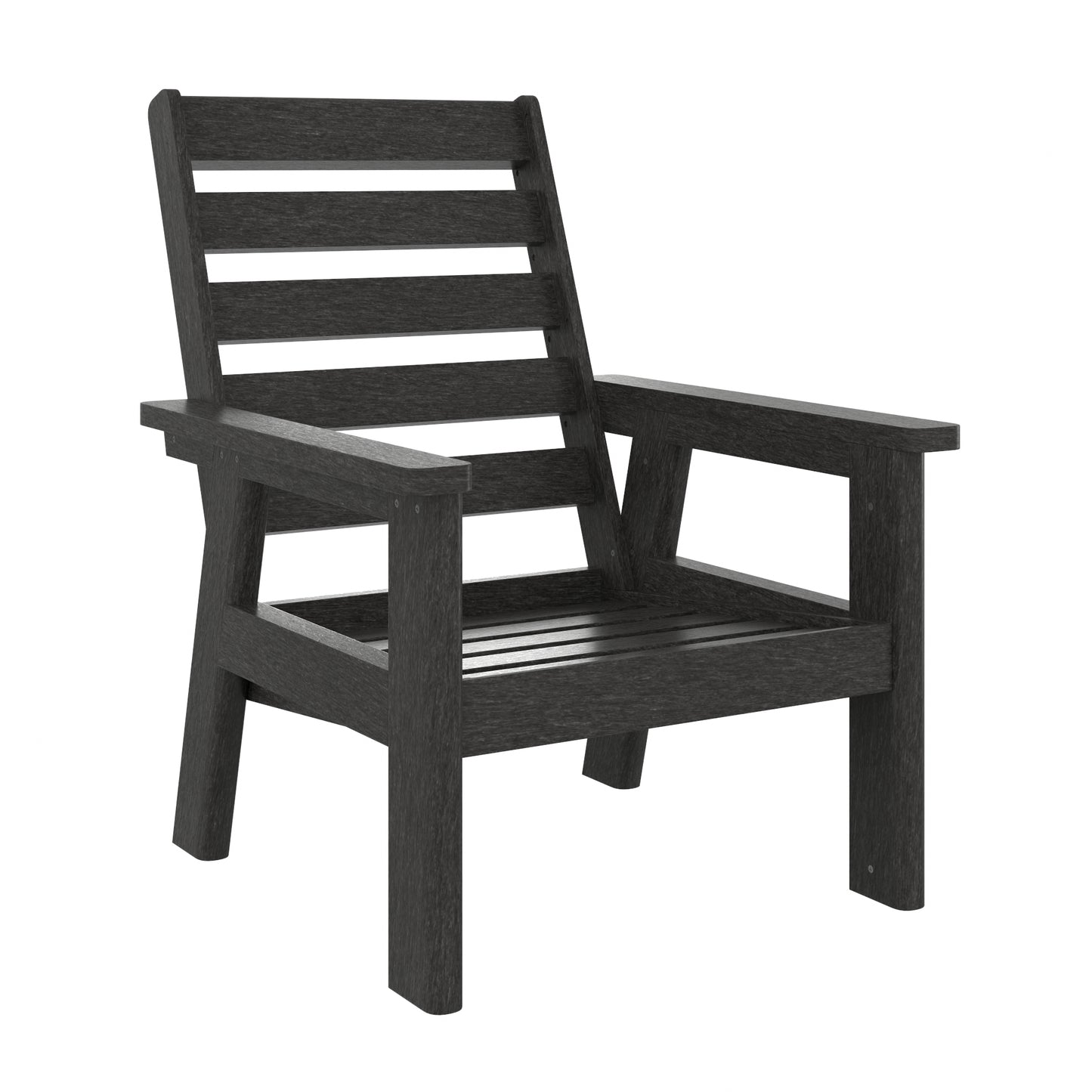 A dark charcoal gray outdoor armchair with a slatted backrest and seat, shown from a three-quarter angle on a solid white background.