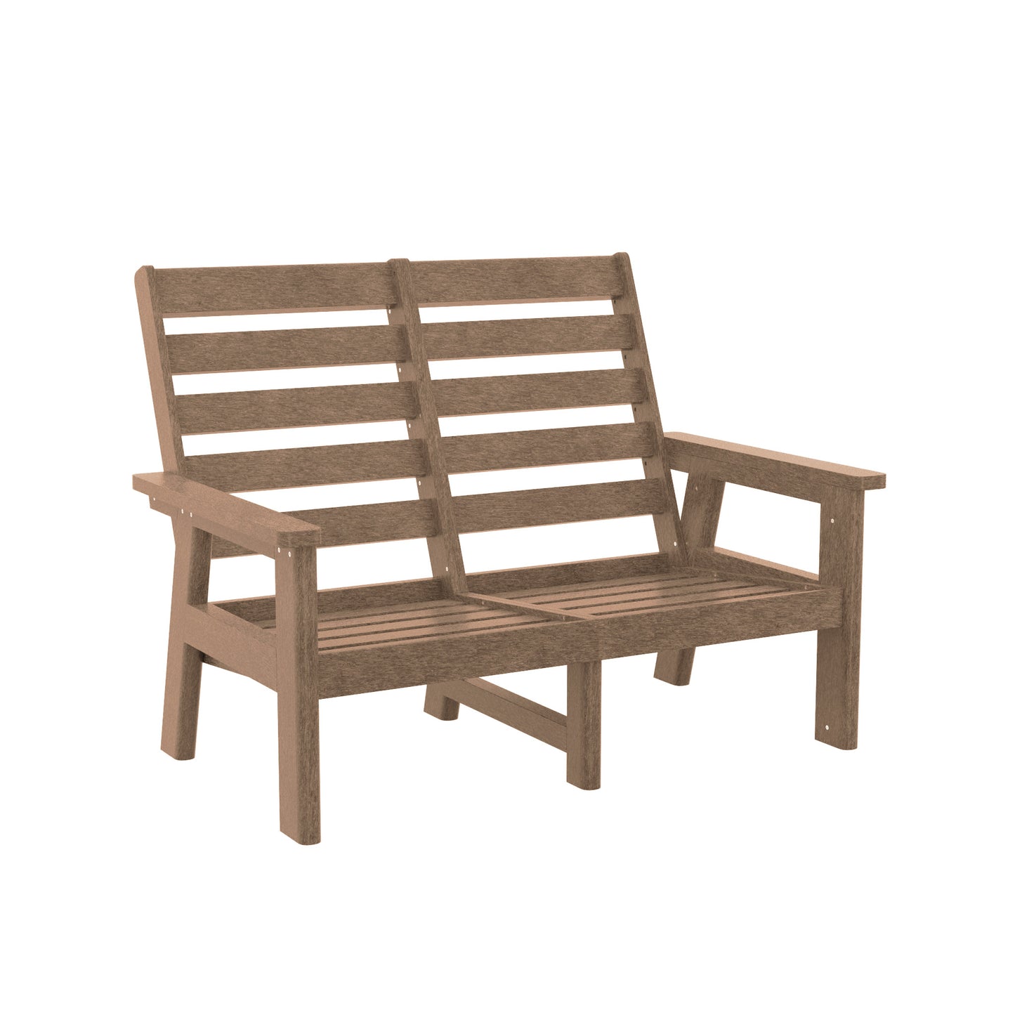 A loveseat with a slatted back and seat, shown at a three-quarter angle on a plain white background.