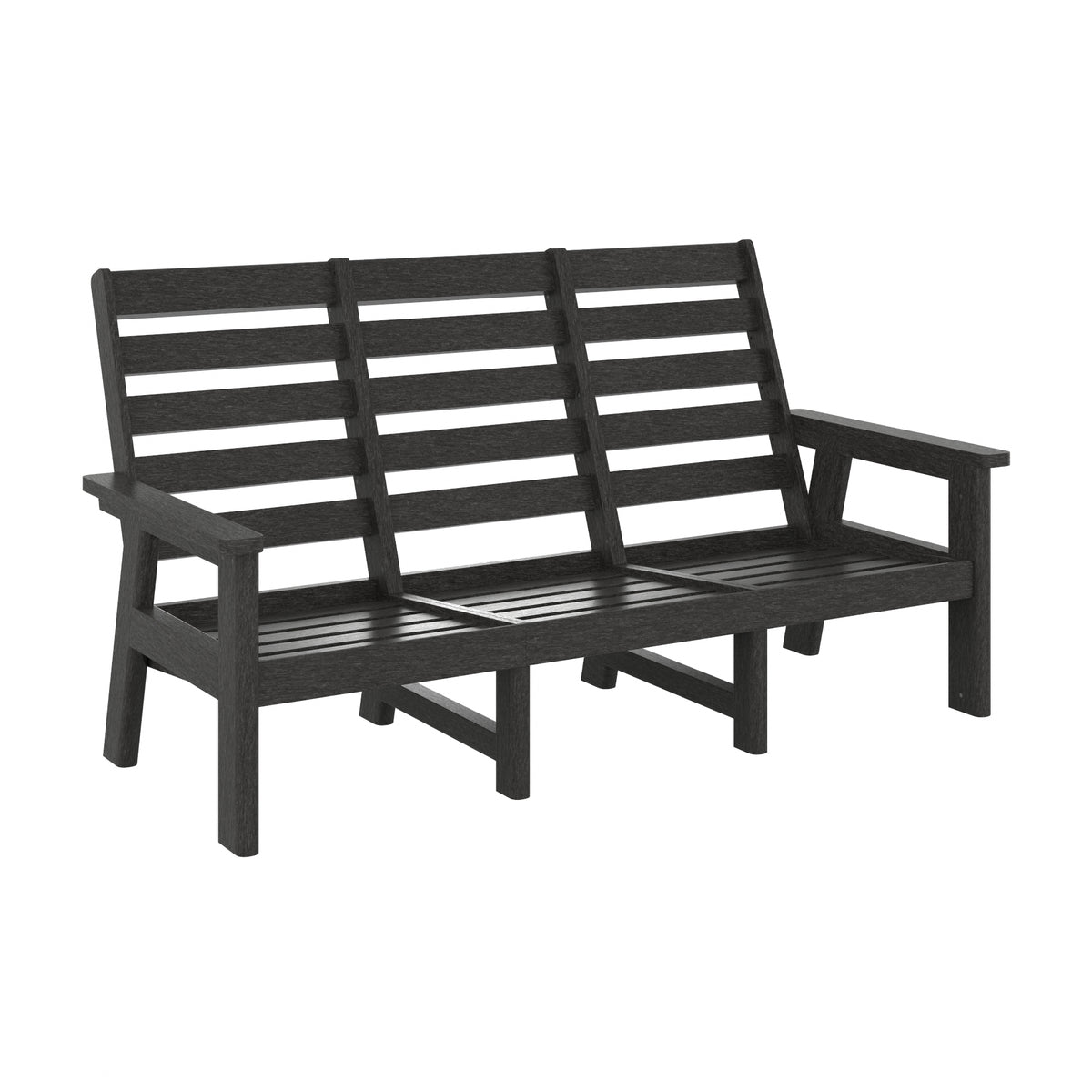 A three-seater outdoor couch with a dark charcoal gray finish, featuring a slatted backrest and seat, armrests, and a front support leg, shown on a plain white background.