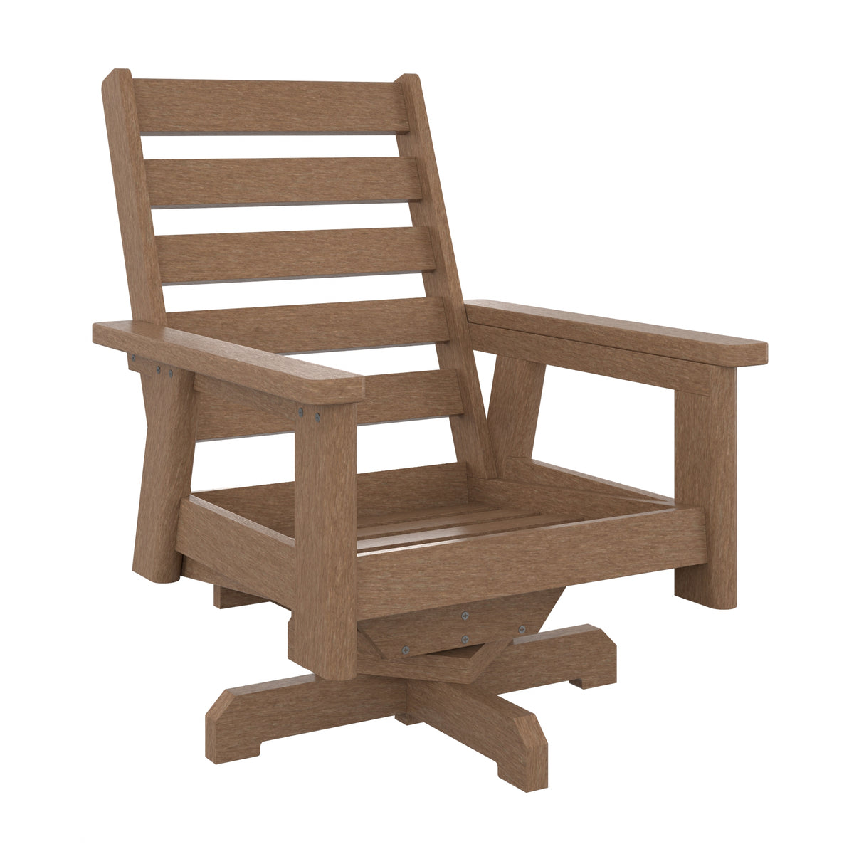 A brown outdoor swivel armchair with a slatted backrest and armrests, shown on a plain white background.