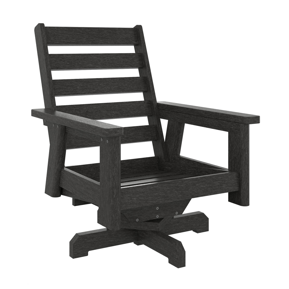 A dark charcoal gray outdoor swivel armchair with a slatted backrest and armrests, shown on a plain white background.