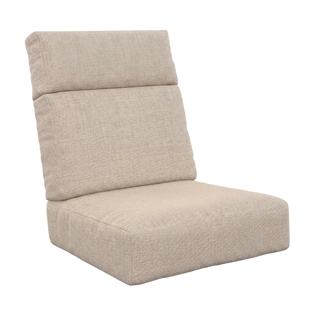 A high-back upholstered floor chair cushion in a textured light beige fabric, shown on a solid white background.