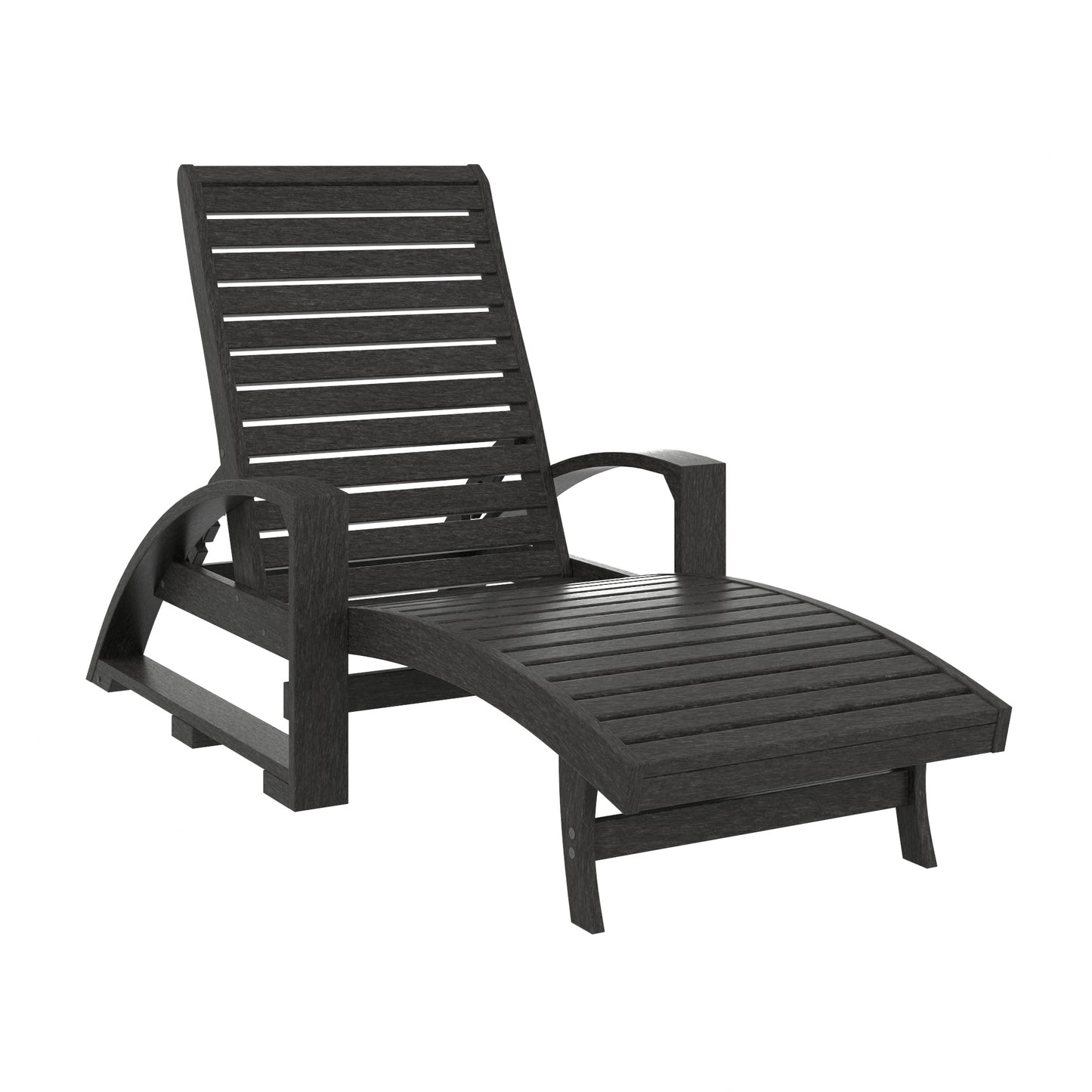 A dark slatted outdoor chaise lounge chair with curved armrests, shown on a plain white background.