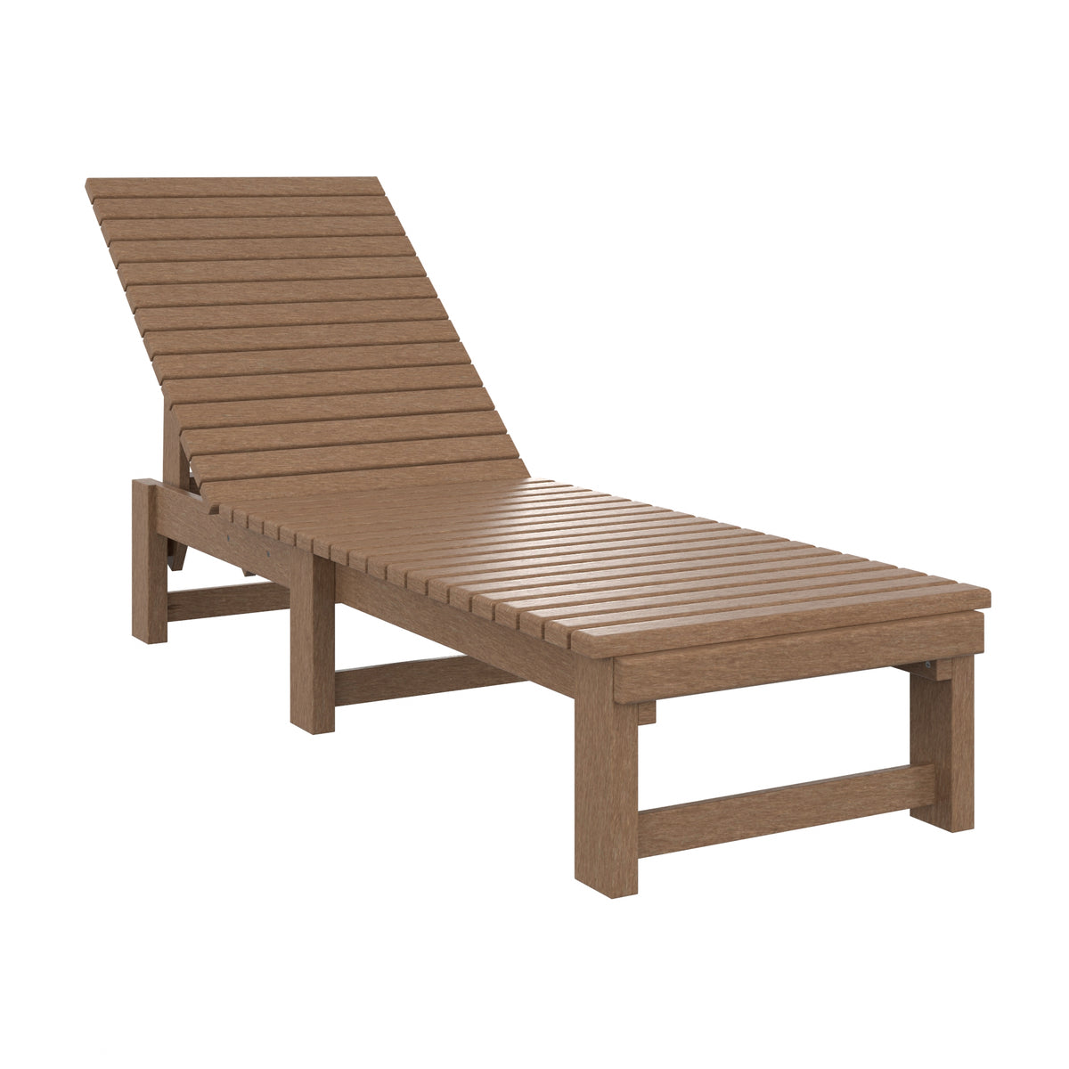 A brown slatted outdoor chaise lounge chair with a reclining backrest and sturdy frame, shown on a plain white background.