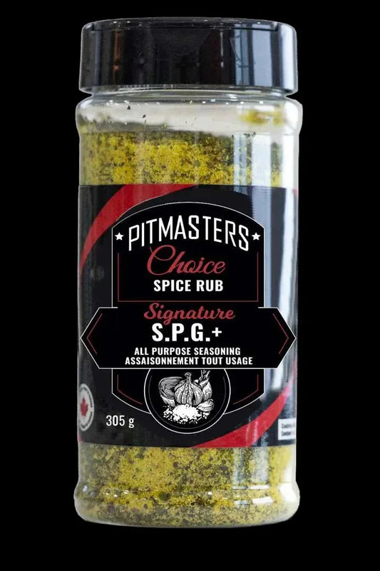 Pitmasters' Choice Spice Rub container with visible seasoning on a black background
