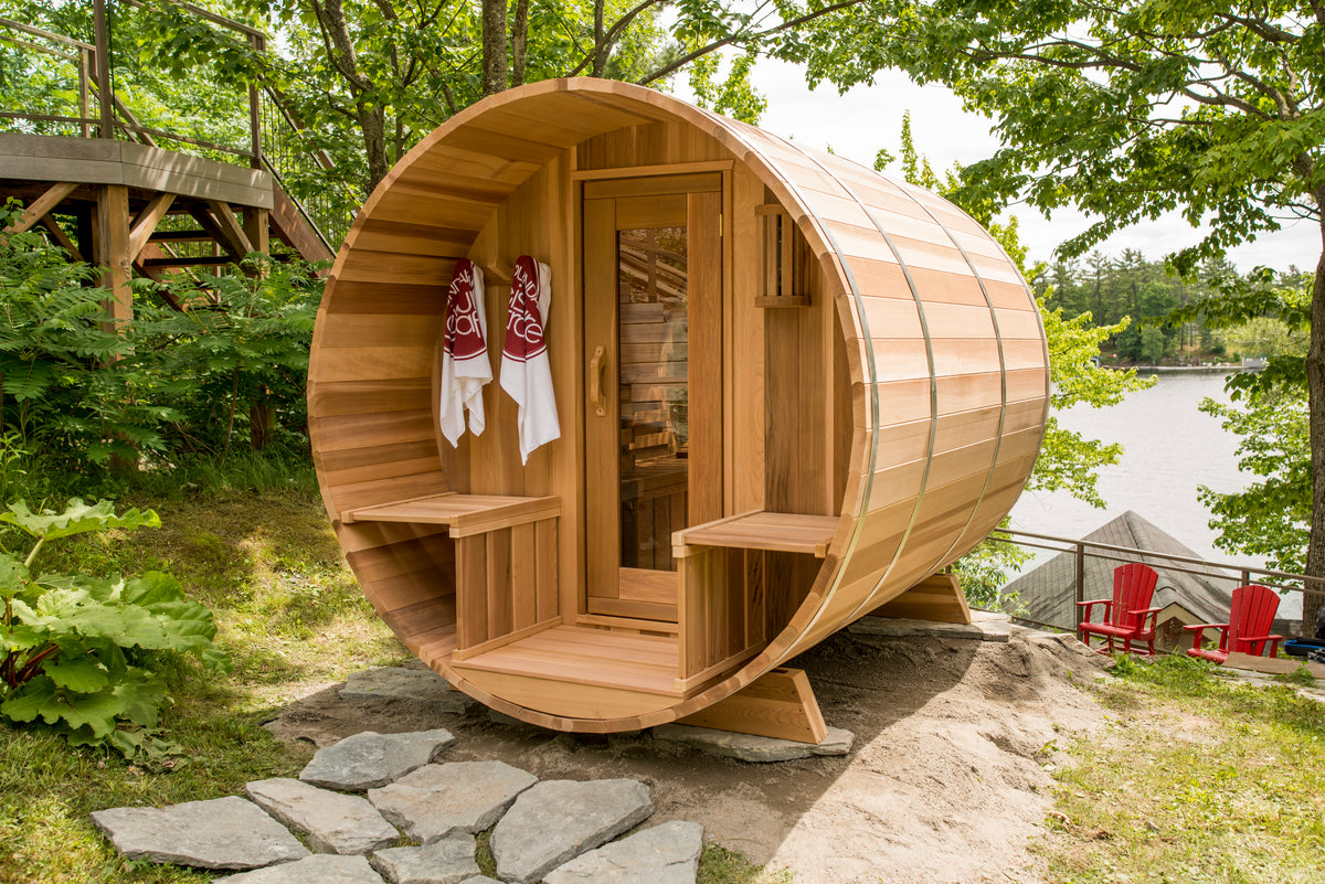 Leisurecraft barrel sauna with front porch seating