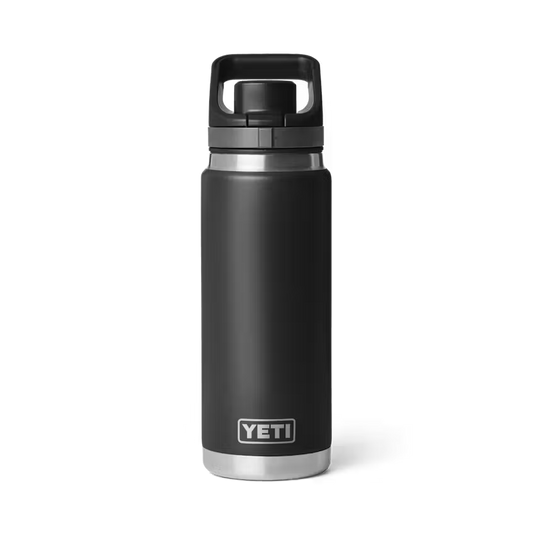 A YETI insulated water bottle in matte black with a stainless steel base and a matching black lid, shown on a clean white background.