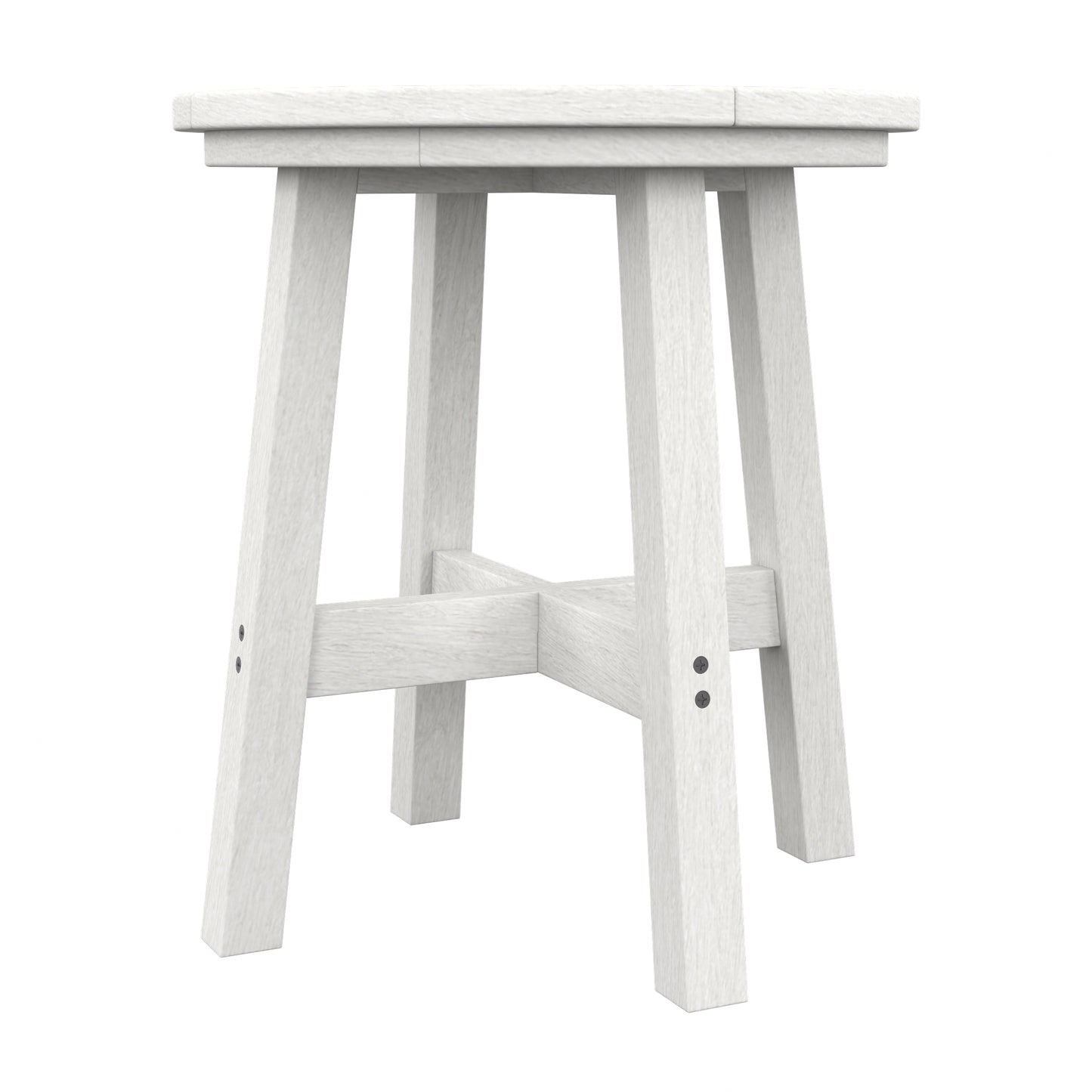 A white round wooden table with four angled legs, and a crossbar support in the center, shown on a plain white background.