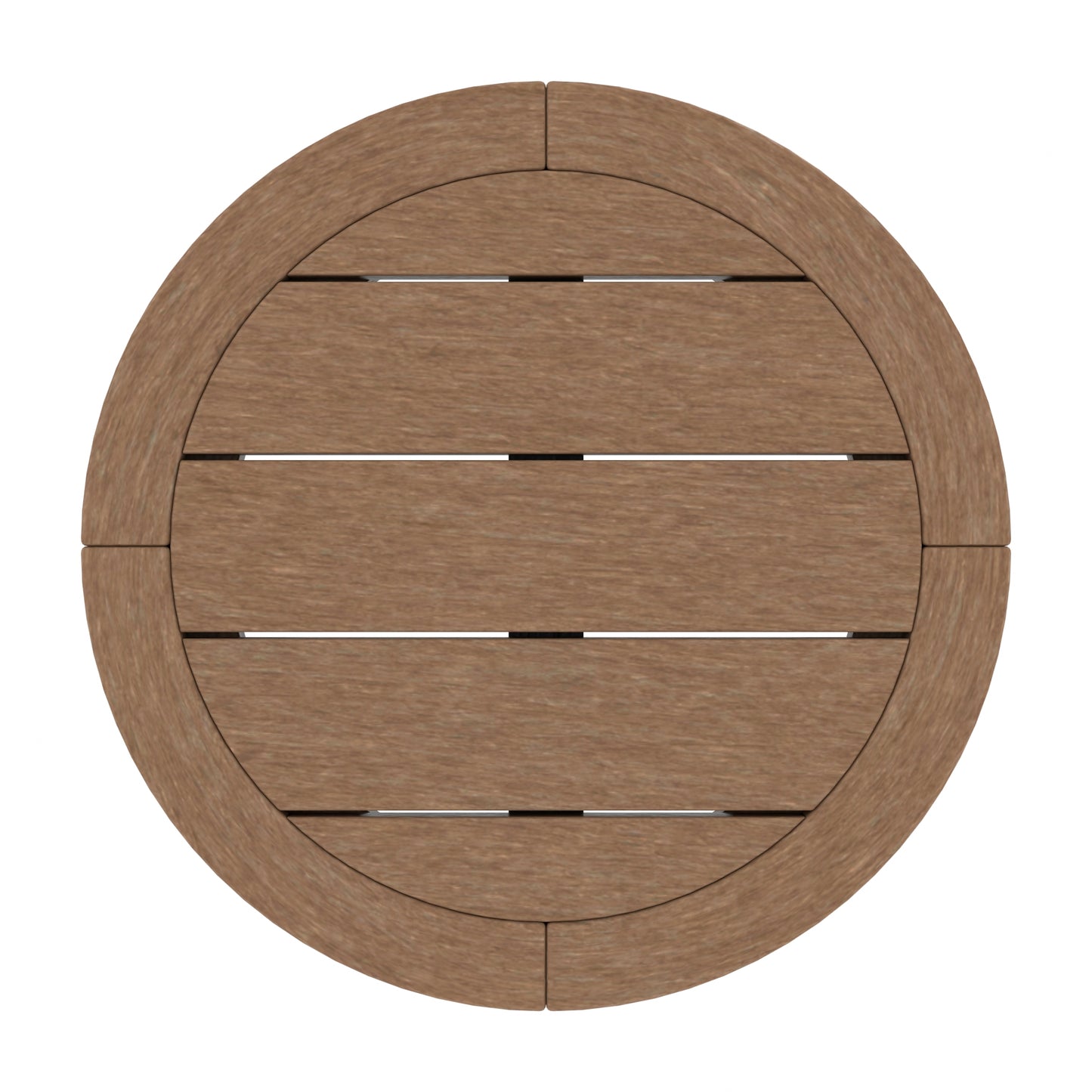 A circular outdoor table top made of brown wood-look slats, shown from directly above on a plain white background.